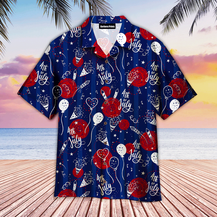4th Of July Party Seamless Blue And Red Aloha Independence Day Patriotic Hawaiian Shirts For Men And For Women WT6372 Gerbera Prints