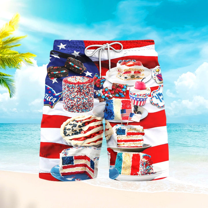 4th of July Patriotic Cake Beach Shorts For Men