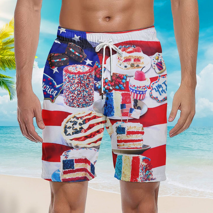 4th of July Patriotic Cake Beach Shorts For Men