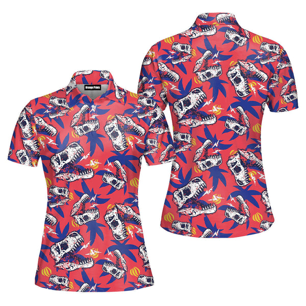 A Dinosaurs Skull With Palm Tree Tropical Polo Shirt For Women
