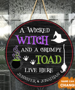 A Wicked Witch And A Grumpy Toad Halloween Custom Round Wood Sign | Home Decoration | Waterproof | WN1265-Gerbera Prints.