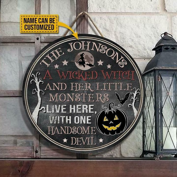 A wicked Witch Halloween Custom Round Wood Sign | Home Decoration | Waterproof | WN1018-Colorful-Gerbera Prints.