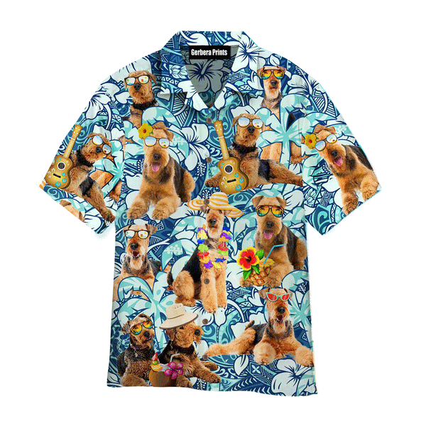 Airedale Terrier Dogs Love Beach Floral Pattern Blue Hawaiian Shirt