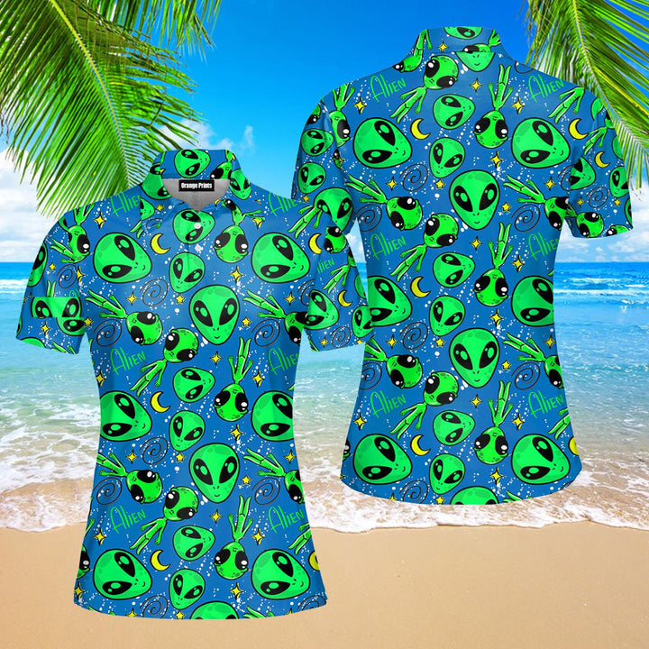 Alien Head Pattern Green Blue Polo Shirt For Women