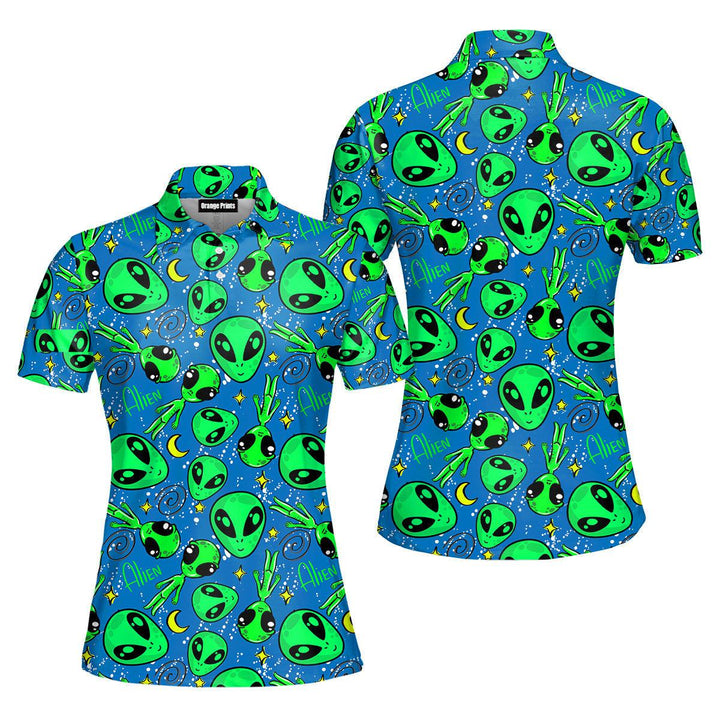 Alien Head Pattern Green Blue Polo Shirt For Women