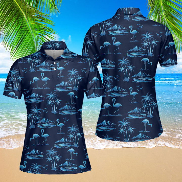 Amazing Neon Blue Tropical Island Polo Shirt For Women