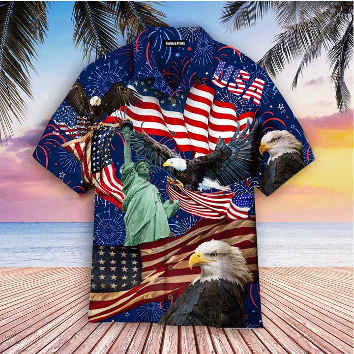 American Flag And Eagle Happy 4th July Independence Day God Bless America Eagle Blue Aloha Hawaiian Shirts For Men & For Women  WT8046