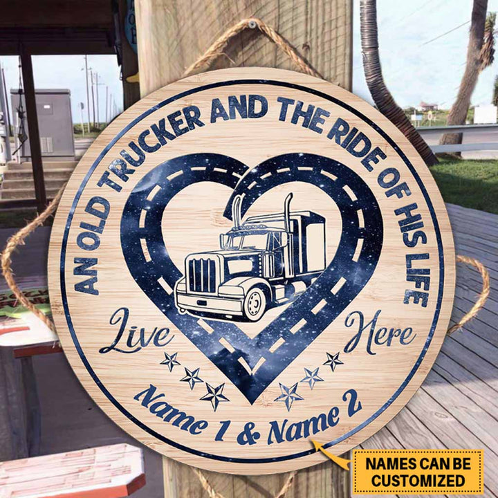 An Old Trucker Custom Round Wood Sign | Home Decoration | Waterproof | WN1401-Colorful-Gerbera Prints.