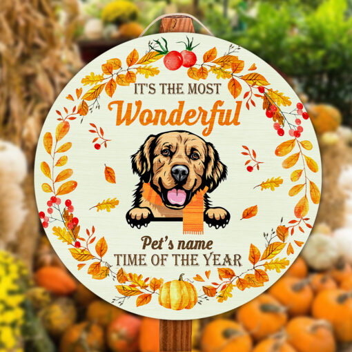 Autumn Harvest Dog Custom Round Wood Sign | Home Decoration | Waterproof | WN1099-Colorful-Gerbera Prints.