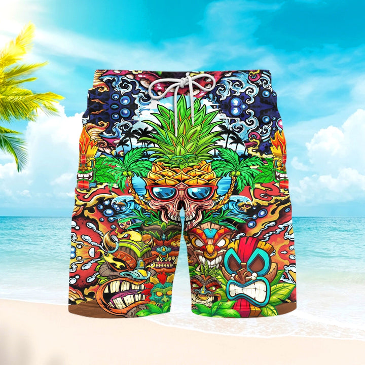 Awesome Colorful Tiki Skull Pineapple Beach Shorts For Men