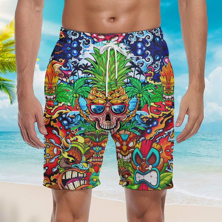 Awesome Colorful Tiki Skull Pineapple Beach Shorts For Men