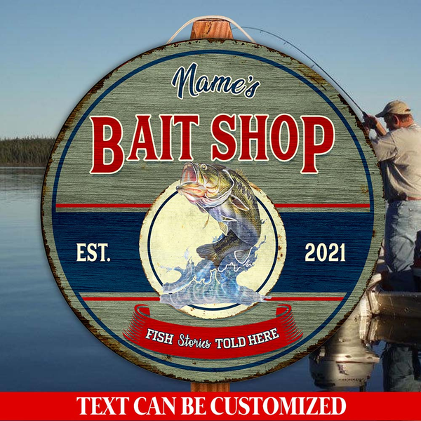 Bait Shop Fish Stories Told Here Custom Round Wood Sign | Home Decoration | Waterproof | WN1217-Colorful-Gerbera Prints.