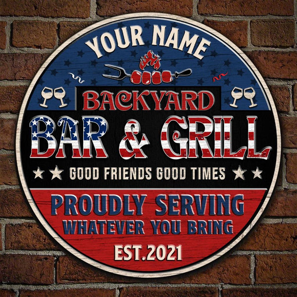 Bar And Grill Rules Patriotic 4TH Of July Custom Round Wood Sign | Home Decoration | WN1052 |-Colorful-Gerbera Prints.