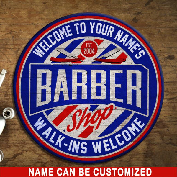 Barber Shop Welcome Custom Round Wood Sign | Home Decoration | Waterproof | WN1335-Colorful-Gerbera Prints.