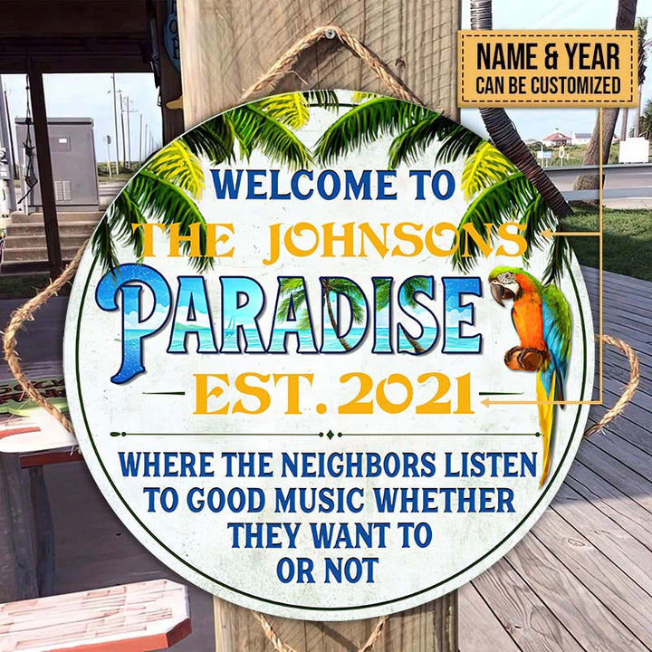 Beach House Parrot Paradise Custom Round Wood Sign | Home Decoration | Waterproof | WN1314-Colorful-Gerbera Prints.