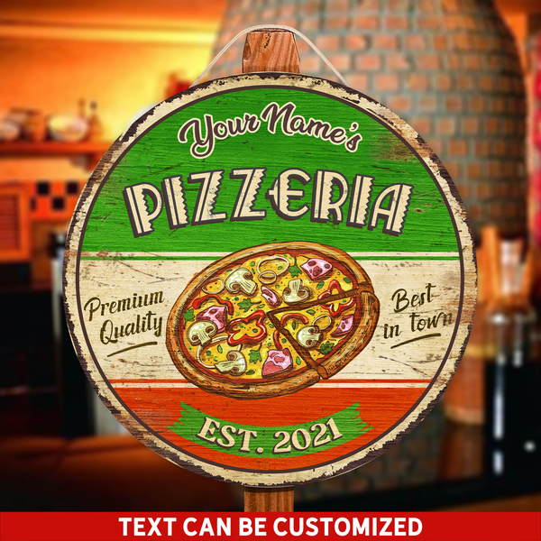 Best In Town Pizzeria Custom Round Wood Sign | Home Decoration | Waterproof | WN1226-Colorful-Gerbera Prints.