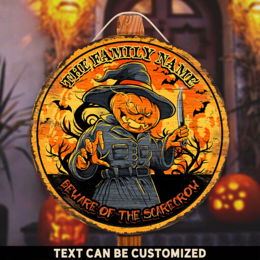 Beware Of The Scarecrow Custom Round Wood Sign | Home Decoration | Waterproof | WN1162-Colorful-Gerbera Prints.