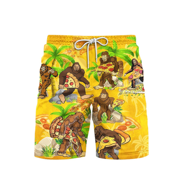 BigFoot Eating Pizza Palm Trees Yellow Beach Shorts For Men