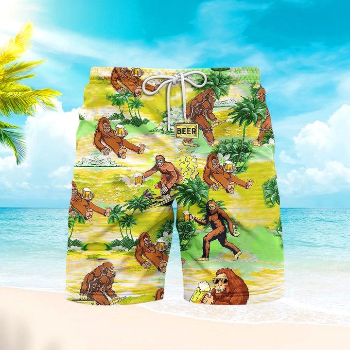 Bigfoot Surfing With Beer Holiday Pattern Beach Shorts For Men