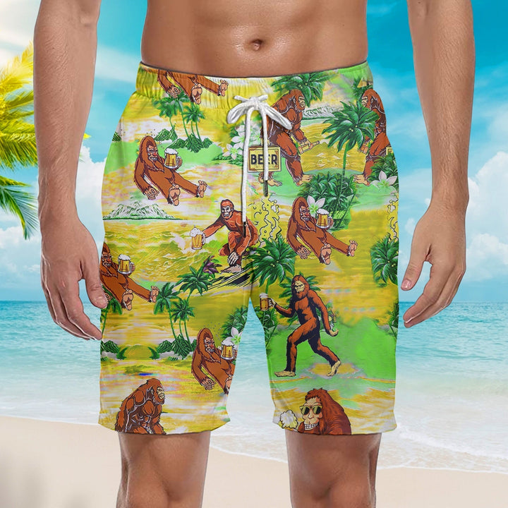 Bigfoot Surfing With Beer Holiday Pattern Beach Shorts For Men