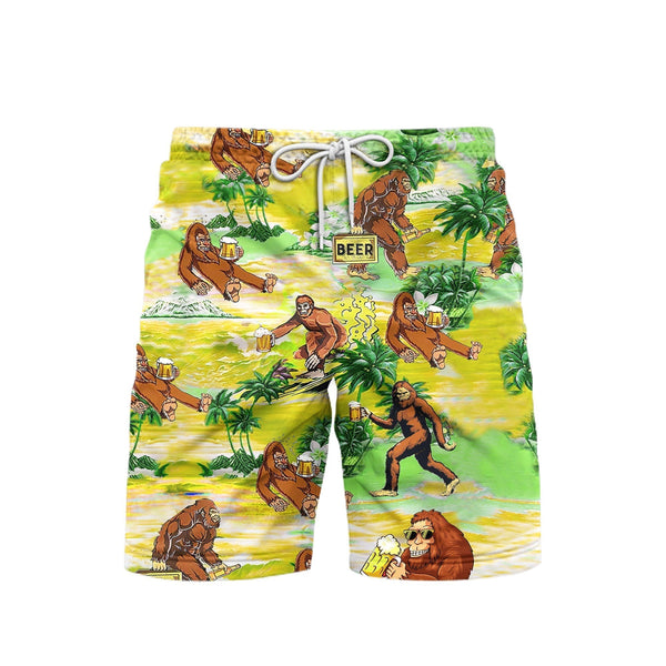 Bigfoot Surfing With Beer Holiday Pattern Beach Shorts For Men