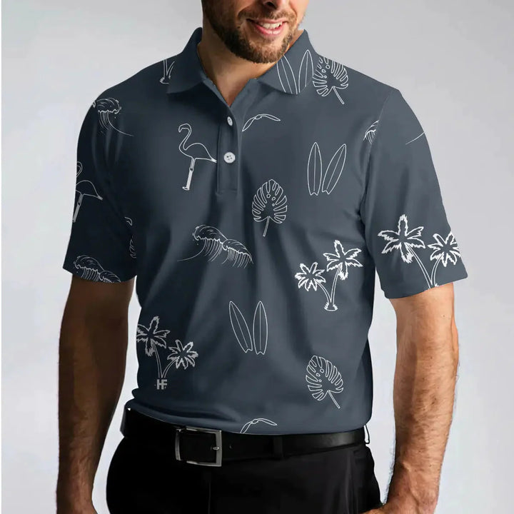 Black And White Tropical Floral Flamingo Polo Shirt For Men