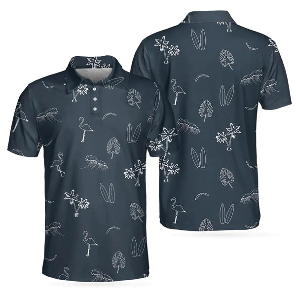 Black And White Tropical Floral Flamingo Polo Shirt For Men