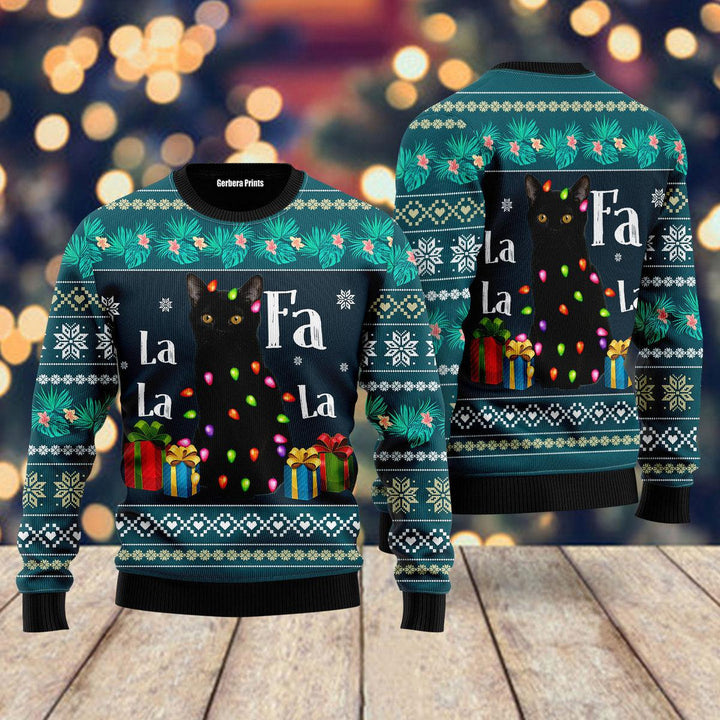 Black Cat Falalala Ugly Christmas Sweater | For Men & Women | Adult | US5170-Gerbera Prints.