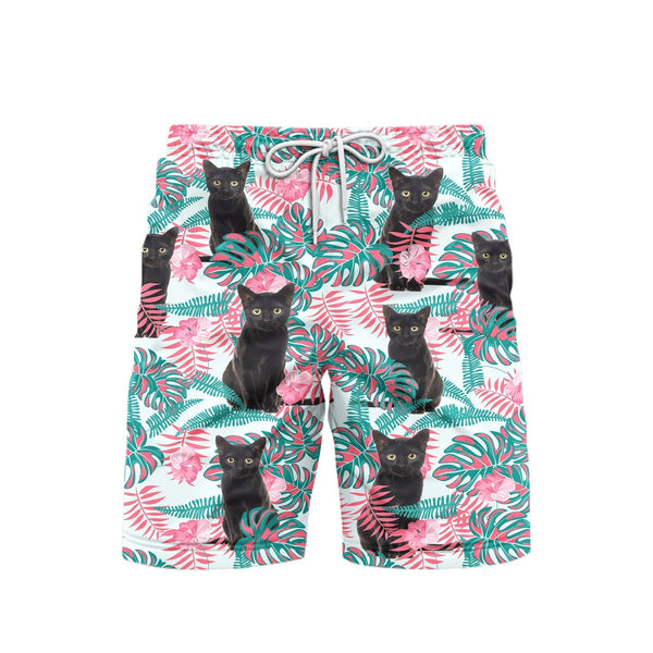 Black Cat Pink Hibiscus Floral Tropical Beach Shorts For Men