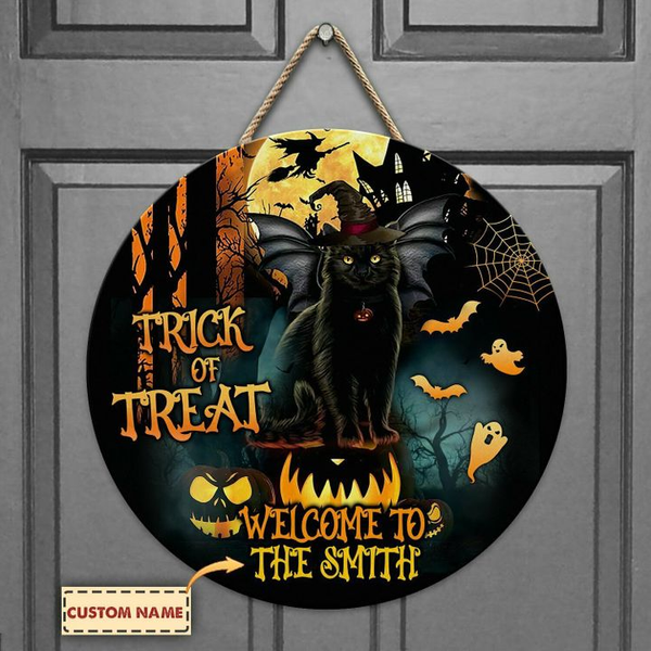 Black Cat Witch Halloween Custom Round Wood Sign | Home Decoration | Waterproof | WN1025-Colorful-Gerbera Prints.