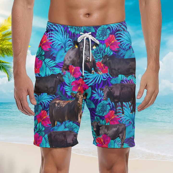 Black Cow Red Flower Tropical Lovers Beach Shorts For Men