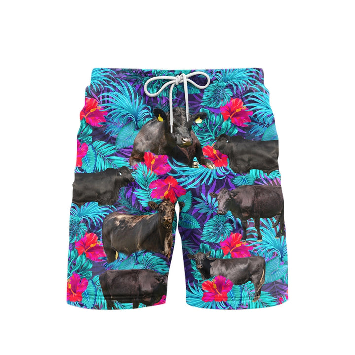 Black Cow Red Flower Tropical Lovers Beach Shorts For Men