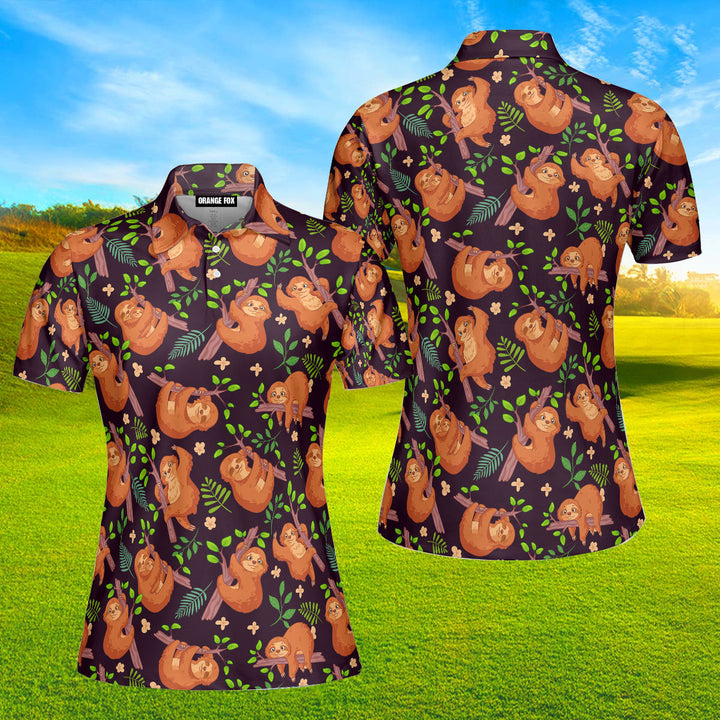 Black Cute Brown Sloths Polo Shirt For Women