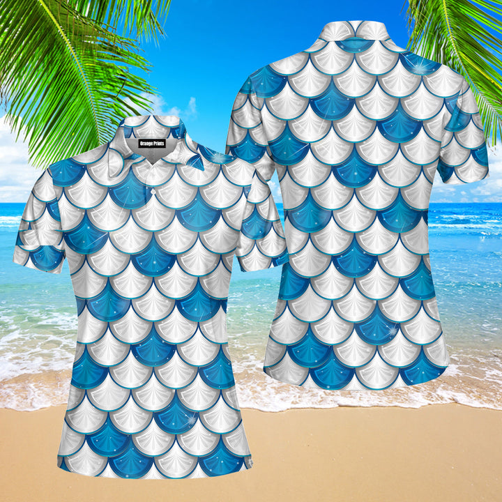 Blue And White Mermaid Scales Polo Shirt For Women