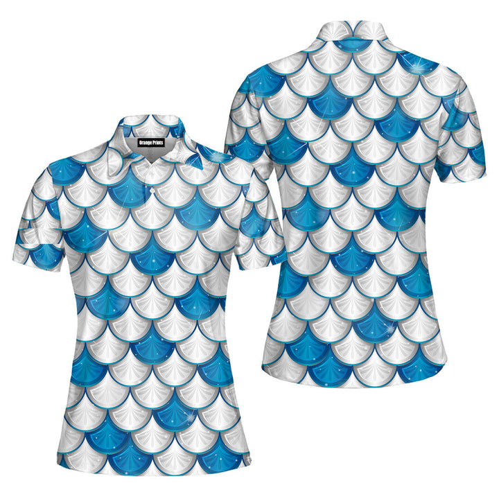 Blue And White Mermaid Scales Polo Shirt For Women