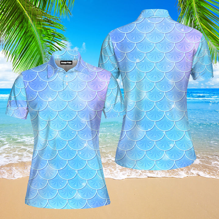 Blue Holographic Mermaid Scales Polo Shirt For Women