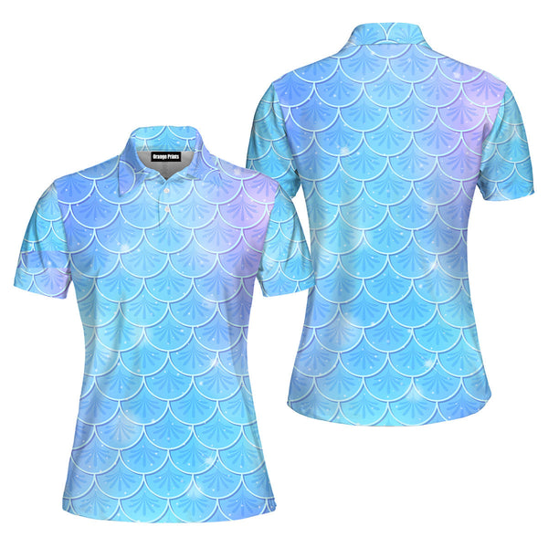 Blue Holographic Mermaid Scales Polo Shirt For Women