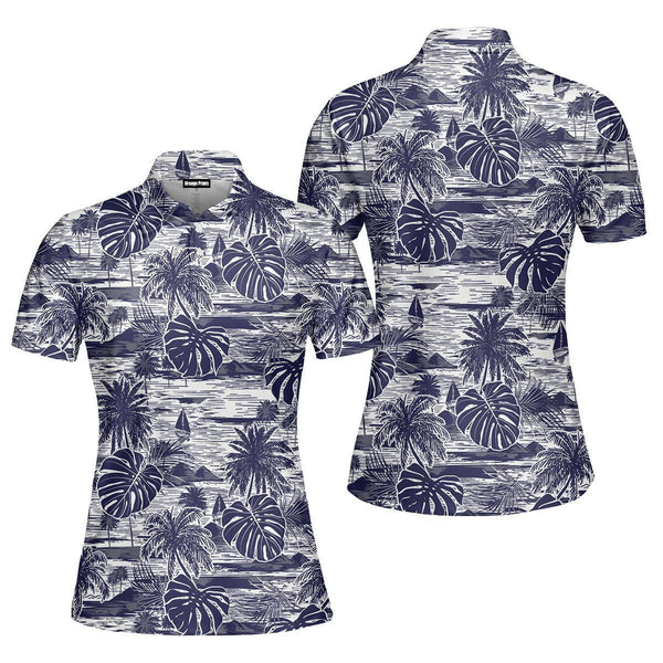 Blue Retro Hawaii Island Polo Shirt For Women