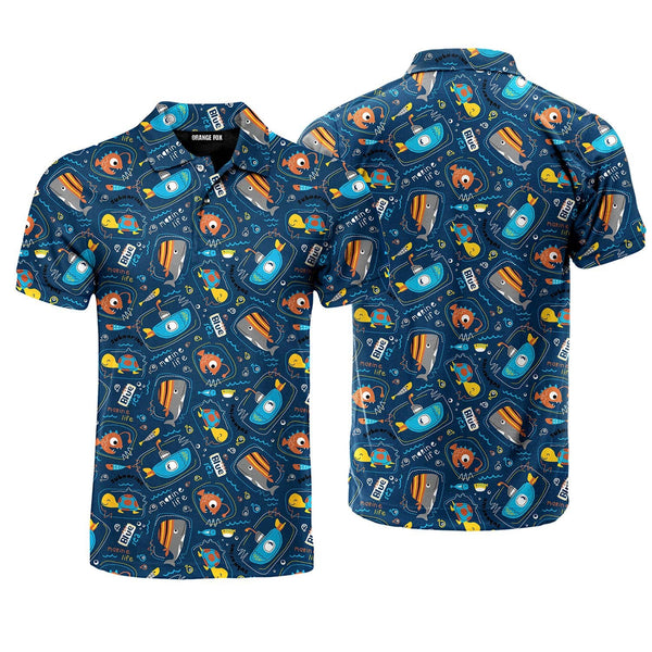 Blue Submarine With Sea Animals Polo Shirt For Men