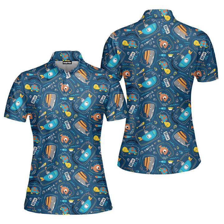 Blue Submarine With Sea Animals Polo Shirt For Women