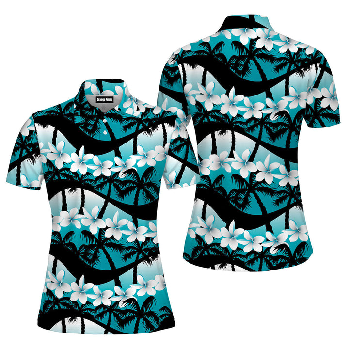 Blue Tropical Flowers With Palm Tree Polo Shirt For Women