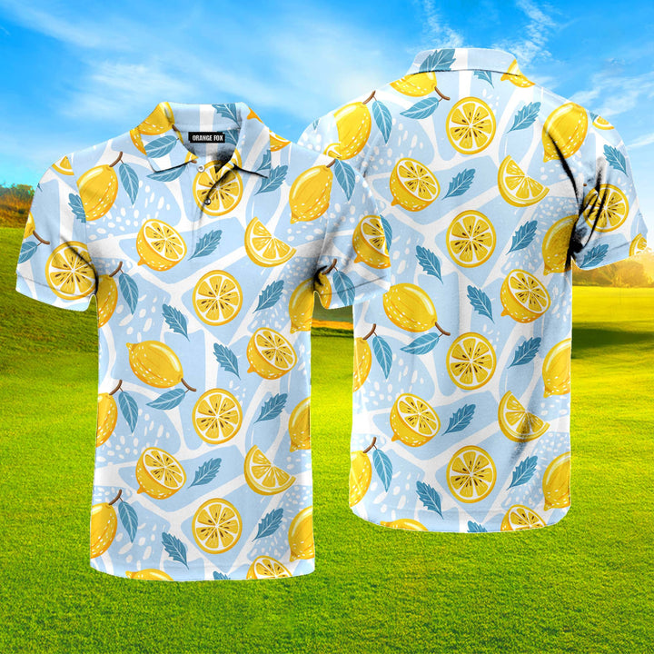 Blue Tropical Fresh Lemon With Mint Leaves Polo Shirt For Men