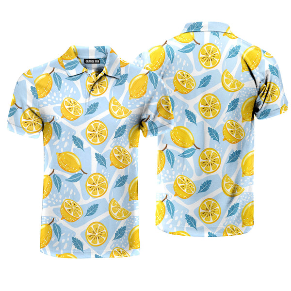 Blue Tropical Fresh Lemon With Mint Leaves Polo Shirt For Men