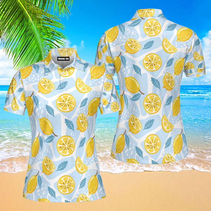 Blue Tropical Fresh Lemon With Mint Leaves Polo Shirt For Women