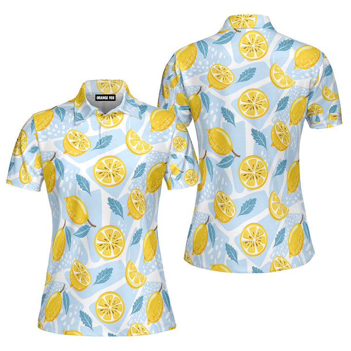 Blue Tropical Fresh Lemon With Mint Leaves Polo Shirt For Women