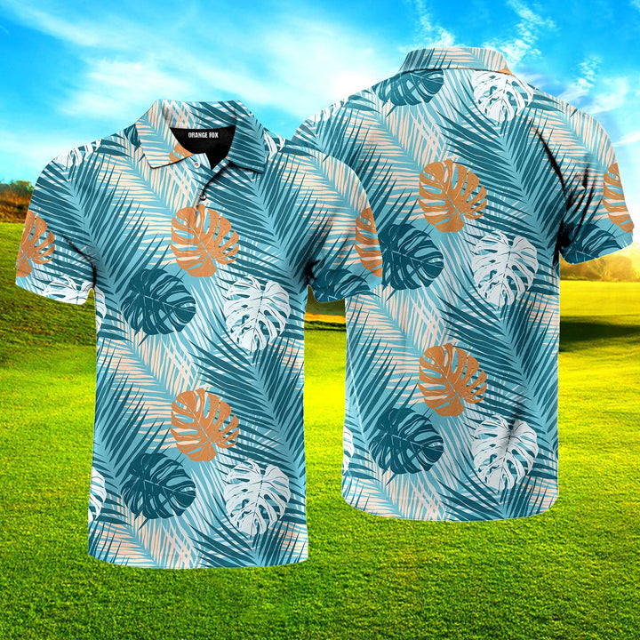 Blue Tropical Leaves Pattern Polo Shirt For Men