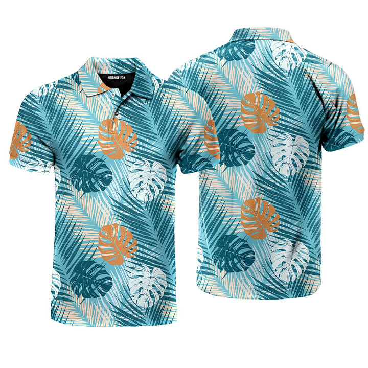 Blue Tropical Leaves Pattern Polo Shirt For Men