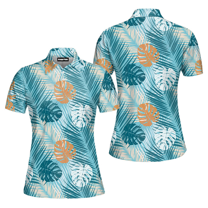 Blue Tropical Leaves Pattern Polo Shirt For Women