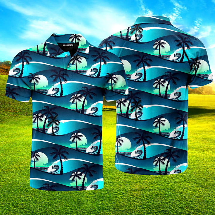 Blue Tropical Surfing Palm Trees Polo Shirt For Men