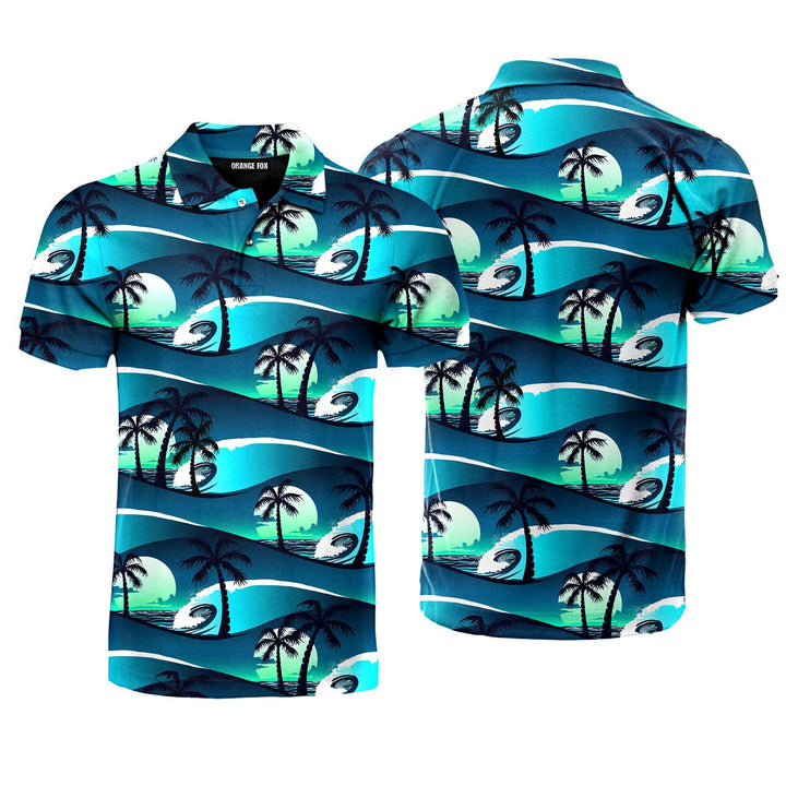 Blue Tropical Surfing Palm Trees Polo Shirt For Men